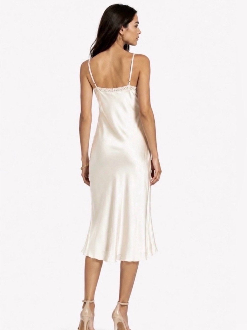 Johnny Was Ivory Satin Lace-Trim Slip Dress Midi - Picture 2 of 6